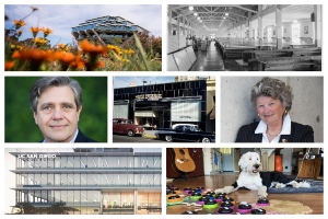 A collage of images of Geisel Library, an old image of barracks, Hugo Villar, UC Extension, Mary Walshok, a rendering of park and market, and bunny the talking dog