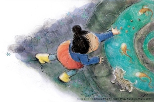 Illustration of a little girl with yellow galoshes, gray tights, orange skirt and blue shirt places her hand in a koi pond in a fountain