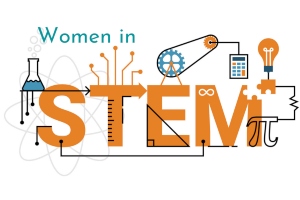 Graphic with STEM related tools like gears, flasks and calculators that says Women in STEM
