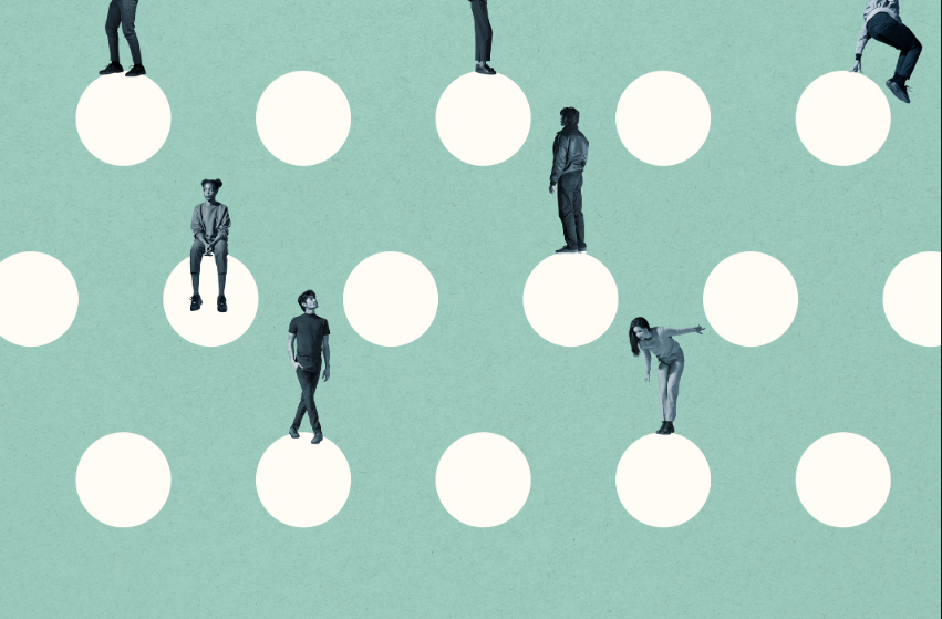 Abstract image of figures standing and sitting on dots, looking up and down