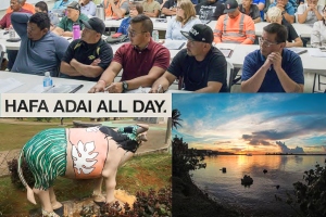 Multiple images of people sitting in a classroom, artwork, and a beautiful sunset over the Pacific.