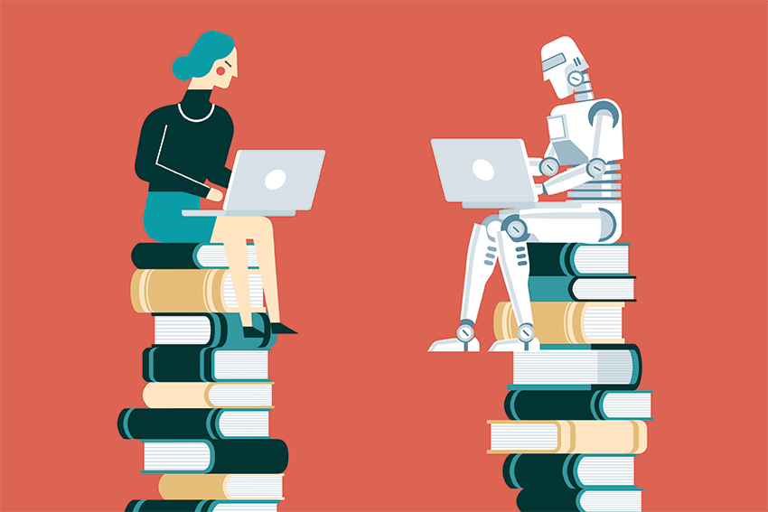 Illustrated human and robot working on laptops