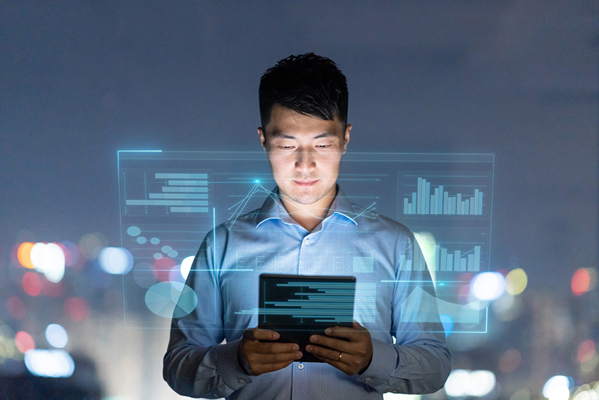 Young businessman using digital tablet with smart vr screen